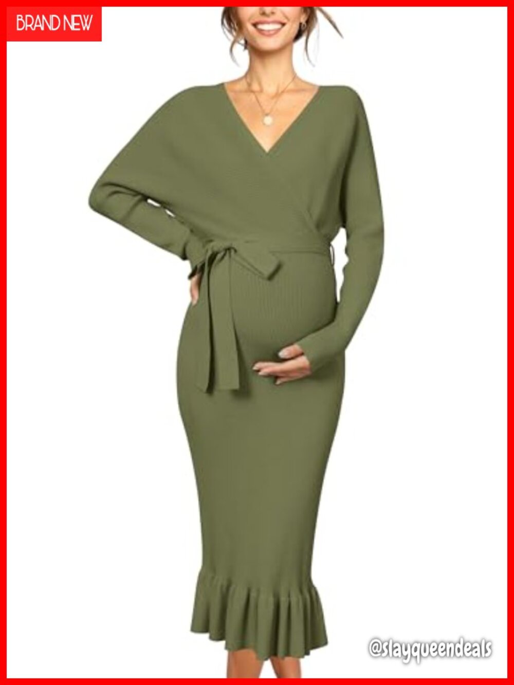 Maternity Nursing Sweater Dress Long Sleeve V-Neck Fishtail Maxi